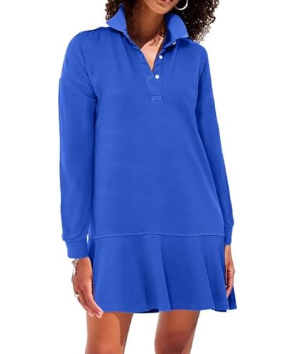 Image of YEXPINE Women's Polo Dress Long Sleeve Collared V-Neck Ruffle Hem Fall Shirt Mini Dresses, Blue, XXL