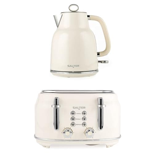 Image of Salter Retro Kettle & Toaster Set – 1.7L Fast Boil Kettle With Removable Limescale Filter, 4-Slice Wide Slot Toaster, Thick Bread, High Lift Eject, Blue Indicator Lights, 3kW/1630W, Cream, COMBO-9352