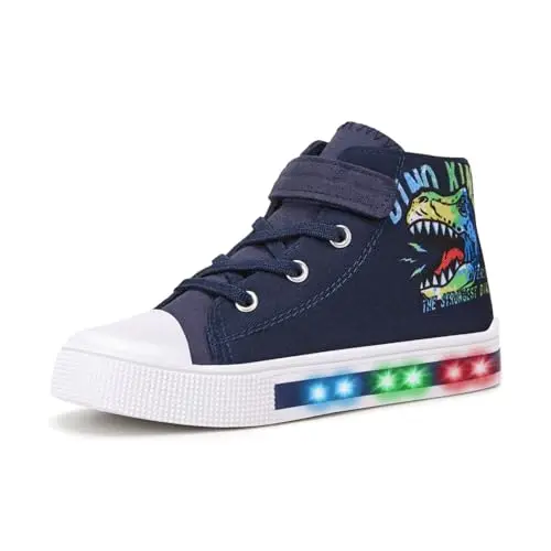 Image of Boys Trainers Kids High-Top Flashing Canvas Shoes Unisex Child Light Up Lightweight Casual Shoes Dino King Size 9