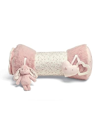 Image of Mamas & Papas Tummy Time Roll, Interactive Soft Baby Pillow with Integrated Rattle, Welcome to The World, Pink