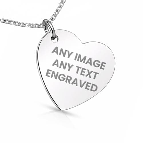 Image of COLUMN Personalised Sterling Silver Heart Necklace Plain Heart Pendant Jewellery 925 Silver Photo Text Engraved Custom Gift +Free Silver Necklace