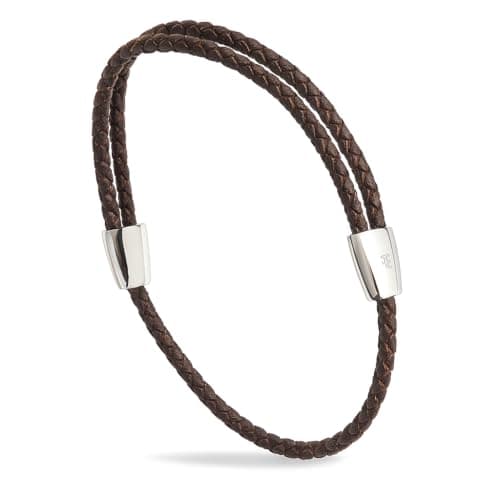Image of Forge & Foundry Men's Adjustable Black Braided Leather Bracelet | Highly Polished Sliding Clasps | Design-Led, Artisan Jewellery from London (Brown Leather - Silver Clasp)