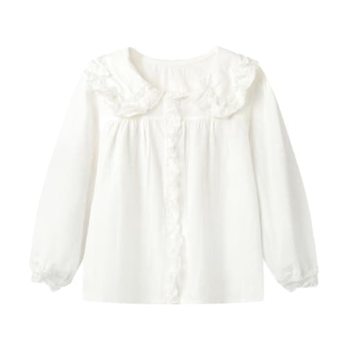 Image of Mud Kingdom Girls Long Sleeve Blouse Lace Trim Shirt for Big Girl Button Down School Uniform Cotton White 11-12 Years