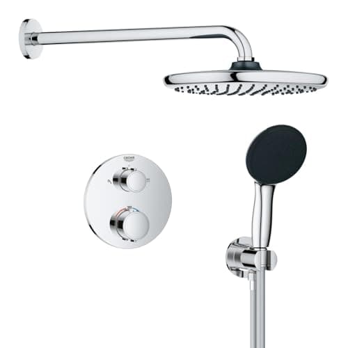 Image of GROHE Precision Round - Concealed Shower System with 2 Outlets Thermostat (25 cm Round Head Shower 1 Spray, 11 cm Round Hand Shower 2 Sprays, Shower Hose 1.5 m, Circular Trim), Chrome, 34883000