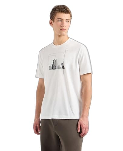 Image of Armani Exchange Men's Scattered Graphic Elements with Iconic Building Image Regular Fit Tee T-Shirt, Off White Ny, L
