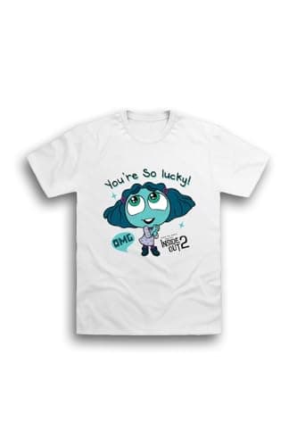 Image of Disney Inside Out Girls' White T-Shirt – Fun You're So Lucky! Character Graphic Tee (Ages 9-17 Years) (UK, Age, 9 Years, 10 Years, Regular, Standard, White)