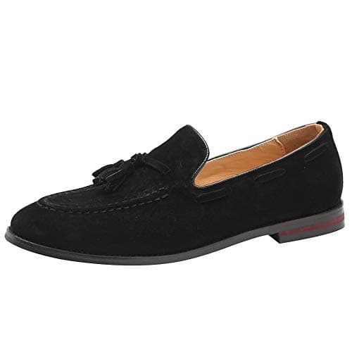 Image of rismart Men’s Handmade Tassels Moccasins Suede Slip on Formal Loafer Shoes(Black,11 UK)