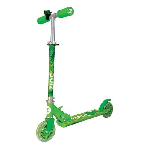 Image of Zinc Two Wheeled Explorer Kids Scooter for Ages 3+ – Folding 2-Wheel Kick Scooter with Light Up Wheels, Lightweight, Height Adjustable, Anti-Slip Footplate, Rear Footbrake, Dino