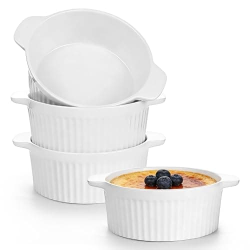 Image of Aleker Porcelain Ramekins with Handles Set of 4, 12cm Oven Safe White Souffle Dish Creme Brulee Ramekins, Small Bowl for Soufflé, Creme Brulee, Cupcakes, Custards, Ice Cream, Jams Dishwasher Safe