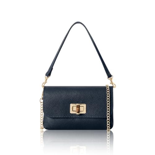 Image of Montte Di Jinne Italian Genuine Leather Mini Crossbody Bag – Turn-Lock Closure, Shoulder & Chain Strap (NAVY)