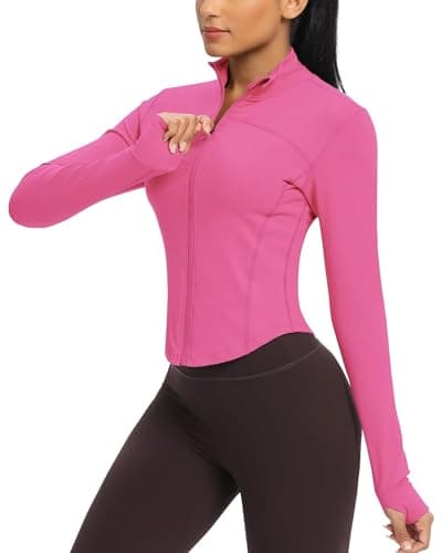 Image of Queenie Ke Women's Cropped Running Jackets - Zip Up Lightweight Athletic Yoga Gym Tops BBL Jacket with Thumb Holes (Hot Pink, Small)