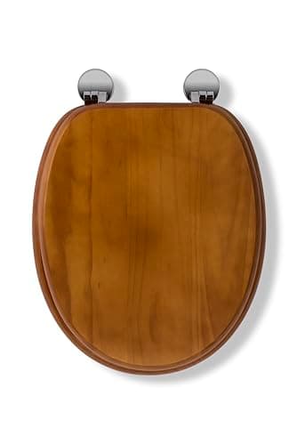 Image of Croydex Davos Flexi-Fix Wooden Toilet Seat - Adjustable Hinges with Top & Bottom Fixings Included and Rust Free Chrome Plated Hinge Covers, Antibacterial Treated Surface (Antique Pine)