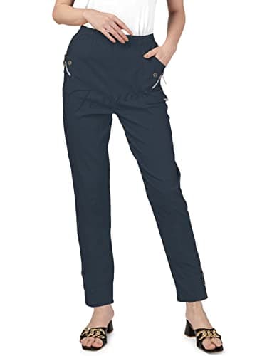 Image of femiss Womens Trousers Elasticated High Waist Relax Fit Ladies Full Length Casual Everyday Soft Stretchy Lightweight Pants (Navy Blue, 12)