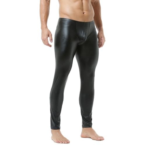 Image of YOOBNG Compression Pants for Men Skinny Slim Leather Activewear Leggings Pants Men's Tight Pants Faux Leather Men Leggings for Clubwear