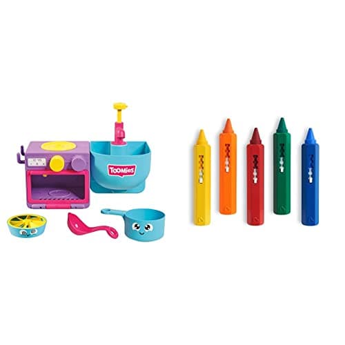 Image of Toomies E73264 Bubble & Bake Bathtime, Baby, Bath Toddlers, Kitchen Themed Bubble Making Toy, 2 in 1 Set & Munchkin Bath Time Toy Crayons - Multi-Coloured, Pack of 5