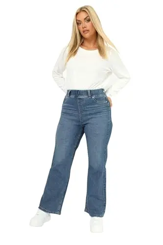 Image of Yours Curve Mid Wash Wide Leg Jeggings - Women's - Plus Size Curve Blue