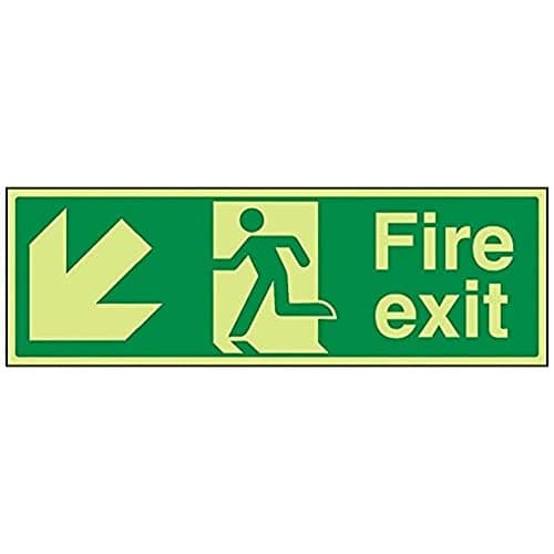 Image of V Safety 14005BJ-G Glow In The Dark Fire Exit Arrow Down Left Sign - 450mm x 150mm - Rigid Plastic, Green