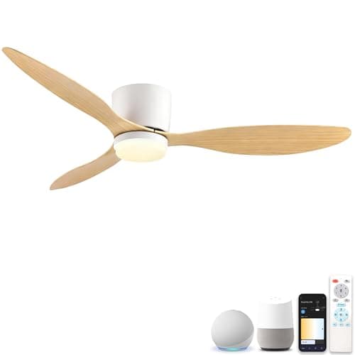 Image of Smart Ceiling Fans with Lights, 42” Low Profile Flush Mount for Bedroom, WiFi Voice Control via Alexa/Google Home, Quiet DC Motor, Dimmable LED 3 Colour Temps, 6 Speeds, Reversible – White Wood Grain