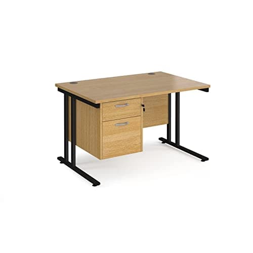 Image of Maestro 25 Rectangle Desk 800 mm Deep with Single 2 Drawer Fixed Pedestal & Black Cantilever Leg, Oak, 120 cm