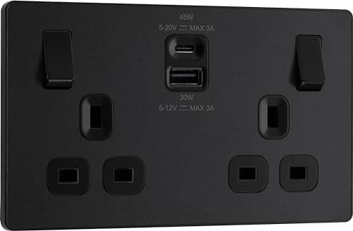 Image of BG Electrical 45W Double Switched Power Wall Plug Socket with Super Fast Charge Type A and Type C USB Charging Ports, Evolve, Matt Black, 13A, PCDMB22UAC45B