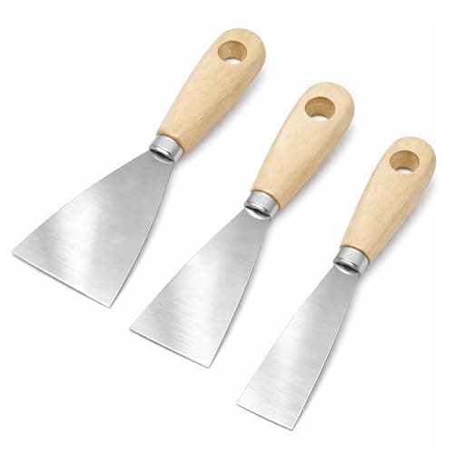 Image of 3 Piece Wallpaper & Paint Scraper Tool Set, Wooden Handle and Metal Blade, Perfect DIY Decorating Paint Removal Scraper Tool Set, Great for Filling, Drywall, Putty, Joints 1” 2” 3” 76mm 50mm 25mm
