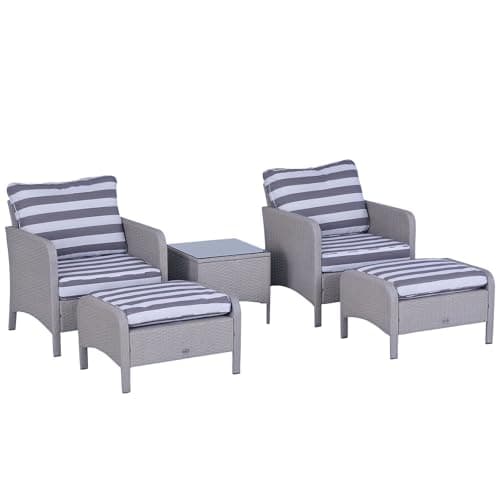 Image of Outsunny 5 Pieces PE Rattan Garden Furniture Set with 10cm Thick Padded Cushions, Wicker Weave Outdoor Seating Chairs with 2 Armchairs, 2 Stools, Glass Top Table, Grey and White
