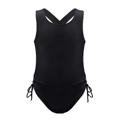 Image of BBXWANG Girls One Piece Swimsuit, Girls Swimming Costume Bathing Suit Swimwear with Side Drawstring (UK, Age, 13 Years, 14 Years, Regular, Black)