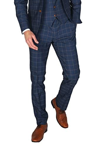 Image of SIRRI Mens' Windowpane Check Suit Trousers Tailored Fit Navy Blue Wedding Business Smart Retro Waist 34R