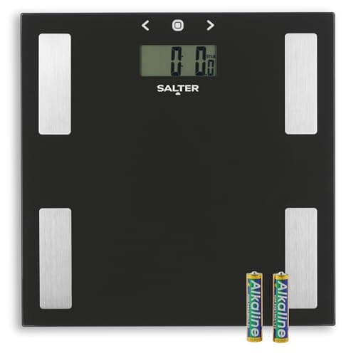 Image of Salter 9150 BK3R Glass Analyser Bathroom Scale - Digital Weighing Scales, Measures Body Weight/Fat/Water/BMI, Accurate Instant Readings, Includes Athlete Mode, Easy to Read, Large LCD Display, Black