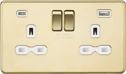 Image of 13A 2G SP Switched Socket with Dual USB A+C (5V DC 4.0A shared) - Polished Brass with White Insert