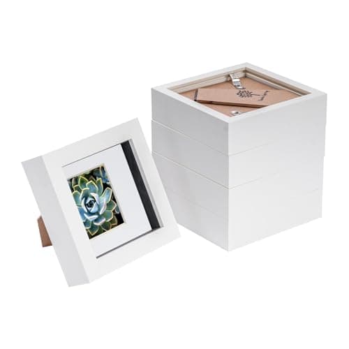 Image of Nicola Spring 5 Piece 4 x 4 3D Shadow Box Photo Frame Set - Craft Display Picture Frame with 2 x 2 Mount - Glass Aperture - White/White