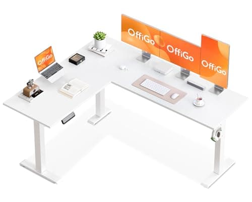 Image of OffiGo Corner Desk, 160x120cm Electric Standing Desk with 3 Memory Smart Panels, Reversible L Shaped Rising Table, Height Adjustable Table for Home Office Workstation, White