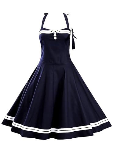 Image of Fy-Dooy Retro Sailor Dress - S-XXL Women's 1950s Halter Vintage Rockabilly Pinup Retro Sailor Cocktail Dress (Navy Blue,1020-3 XXL)