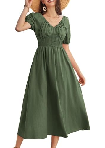 Image of GRACE KARIN Green Maxi Dress for Ladies Summer Short Puff Sleeve V Neck Ruched Wedding Guest Victorian Dresses for Women M Size 14