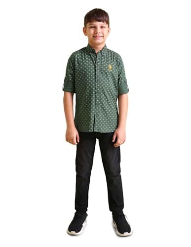 Image of U.S. Polo Assn. - Boys Button Down Collar Printed Regular Fit Casual Shirt, Green, 8-9 Years