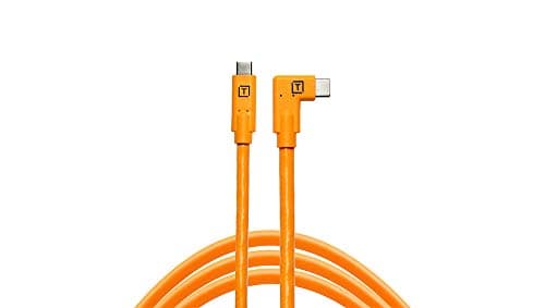 Image of Tether Tools TetherPro USB-C to USB-C Right Angle Cable | for Power Delivery, Fast Transfer and Connection Between Camera and Computer | High Visibility Orange | 15 feet (4.6 m)
