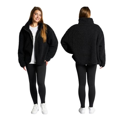 Image of OHS Black Teddy Fleece Jacket Mens, Full Zip Up Coat for Women Men Ultra Soft Cosy Long Sleeve Sweatshirt Casualwear Winter Fleece Jacket for Travel & Hiking, S/M