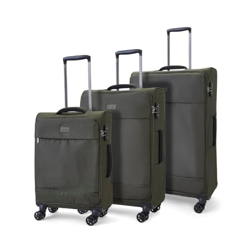 Image of Rock Paris Set of 3 Soft Shell Suitcases in Olive Green - 360 Swivel-Wheels, Versatile & Stylish Design, Telescopic Handle & TSA Combination Lock - Small, Medium & Large Included