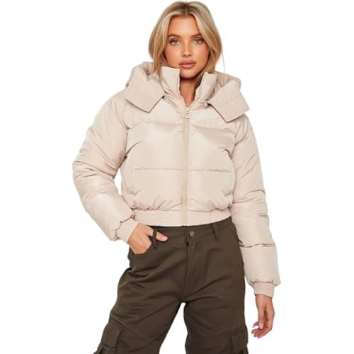 Image of kraftd Ladies Hooded Puffer Jacket – Women’s Winter Quilted Jacket with Hood, Lightweight Warm Padded Coat, Zip up Insulated Outerwear for Cold Weather Stone - L (UK 14)