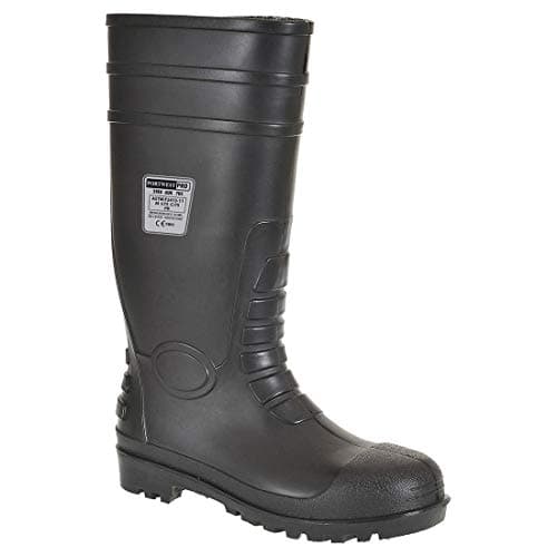Image of Portwest FW95 Mens Steel Toe Cap Safety Wellington Boots Waterproof PVC Nitrile Work Wellies Pierce Resistant Midsole Fuel Oil Resistant Agriculture Construction Industrial Garden, Black, 47