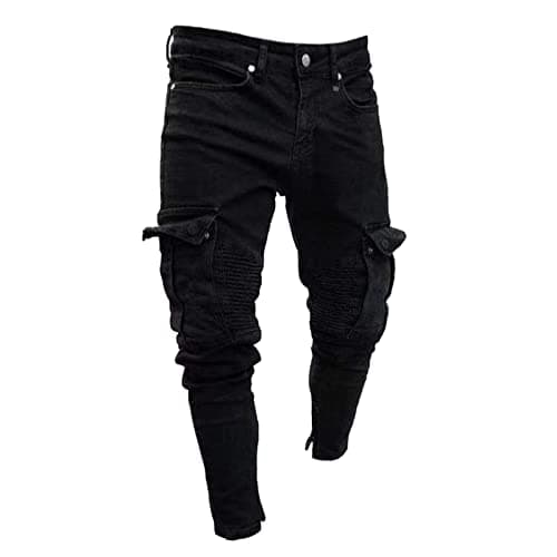 Image of ARTRAY Men's Distressed Biker Skinny Jeans Man's Ripped Stretch Slim Fit Denim Pants with Multi-Pockets Classic Designer Sports Cargo Trousers Hiking Climbing Shorts Camping Fishing Hiking