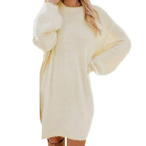 Image of Jumper Dress for Women UK Plus Size Crew Neck Sweater Dresses Casual Loose Knitted Pullover Sweater Tunic Tops Basic Dress Solid Long Knitted Jumper Sweater Dresses (Beige-2, M)