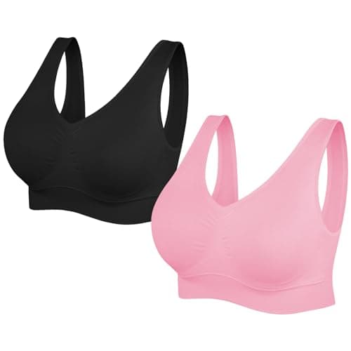 Image of SIMIYA Super Comfort Bra, Womens Sports Bras Removable Pads Plus Size Sleep Bras for Girls in Yoga Bralette Leisure Stretch Crop Tops Vest (L, 2 Pack Black+Pink)