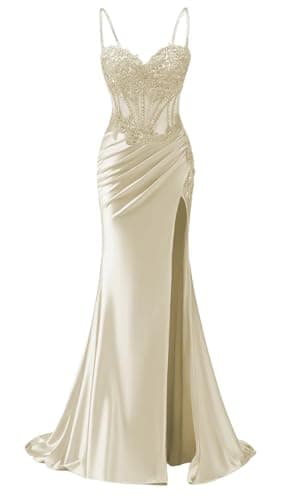 Image of KIYNE Ivory Satin Prom Dresses with Slit for Women Spaghetti Strap Ball Gown Corset Mermaid Formal Evening Dress UK14