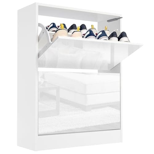 Image of Blisswood High Gloss 2 Drawer Shoe Cabinet Cupboard, Shoe Storage Organiser Freestanding 2 Tier Wooden Shoe Rack Cabinet Modern Footwear Stand For Hallway, Living Room Furniture (White)