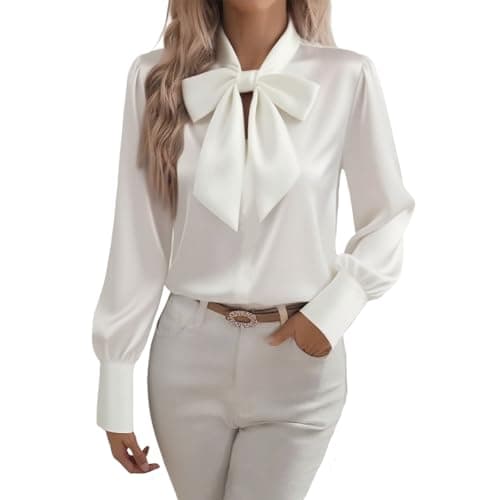 Image of HAOLEI Satin Blouse for Women UK 2025 - Ladies Satin Silk Shirts Elegant Vintage Long Sleeve Bow Tie Neck Shirts Going Out Casual Smart Business Work Office Tops White