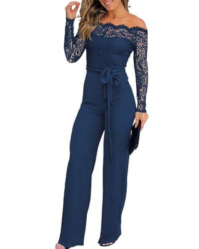 Image of CHICME Womens Dressy Jumpsuits Casual One Piece Outfits Off Shoulder Lace Trim Overalls Straight Leg Pants, Blue, Medium
