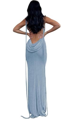 Image of Remxi Women’s Sexy Backless Bodycon Maxi Dress Halter Cowl Neck Spaghetti Strap Tie Back Wedding Guest Dresses Blue M