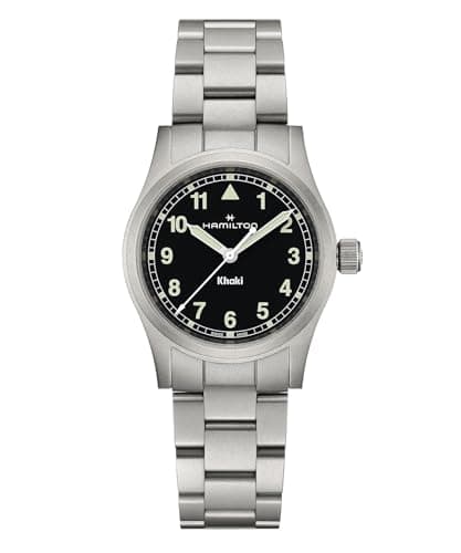 Image of Hamilton Khaki Field Khaki Quartz Men's Watch, 33mm Stainless Steel Case, Swiss Made, Black Dial Analog Wrist Watch for Men, 50m Waterproof, Sapphire Crystal, Stainless Steel Strap