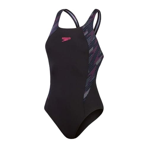 Image of Speedo Women's Hyperboom Splice Muscleback Swimsuit | Classic Design | Quick Drying | Training | Fitness | Chlorine Resistant Swimwear, Black/Electric Pink/USA Ch, 30
